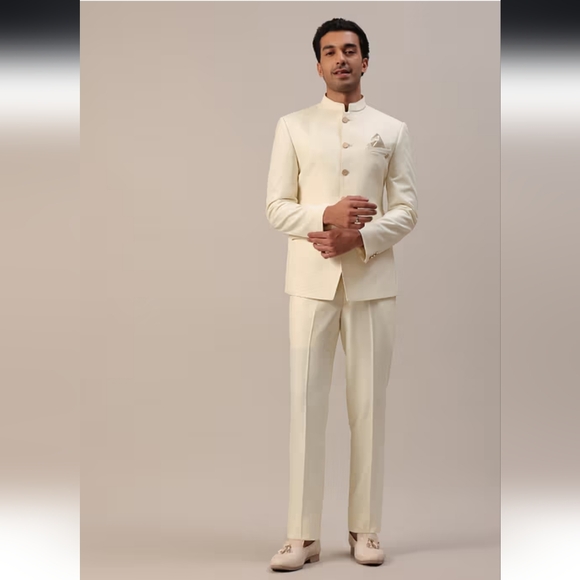 Cream White Terry Rayon Jodhpuri Suit - Picture 1 of 5